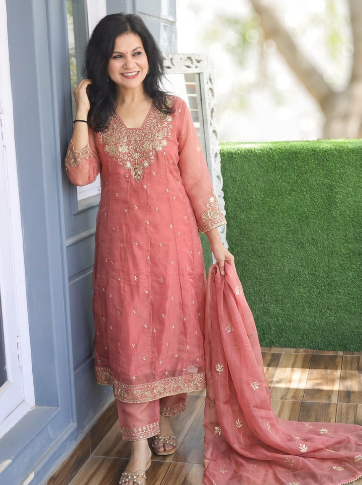 Laavanya Gajri Peach Gota Patti Work Shimmer Organza 3 Piece Set