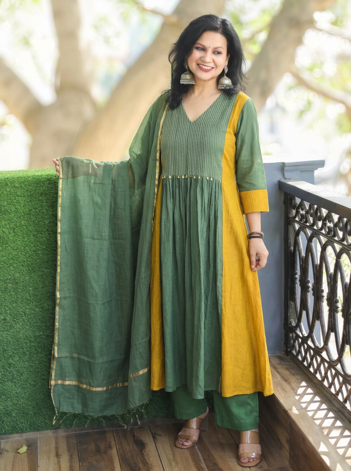 Avni Forest Green Zari Woven Mul Chanderi 3 Piece Set