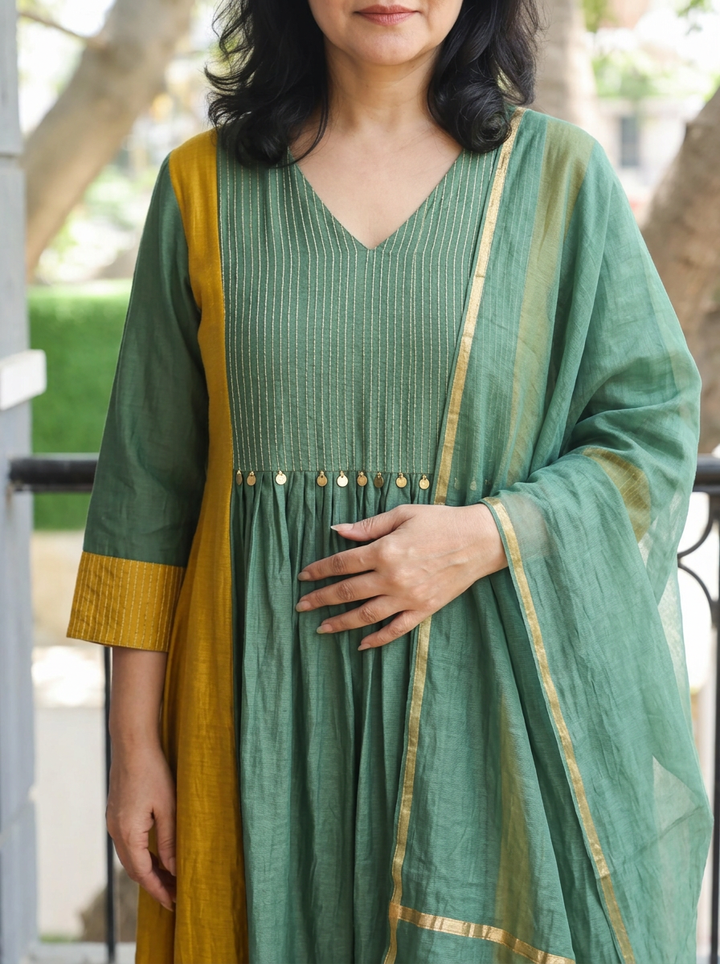 Avni Forest Green Zari Woven Mul Chanderi 3 Piece Set