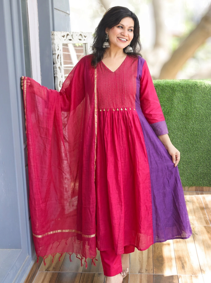 Avni Magenta Pink Zari Woven Mul Chanderi 3 Piece Set