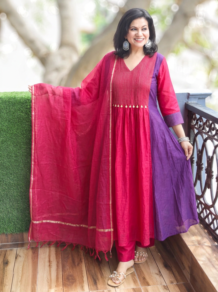 Avni Magenta Pink Zari Woven Mul Chanderi 3 Piece Set