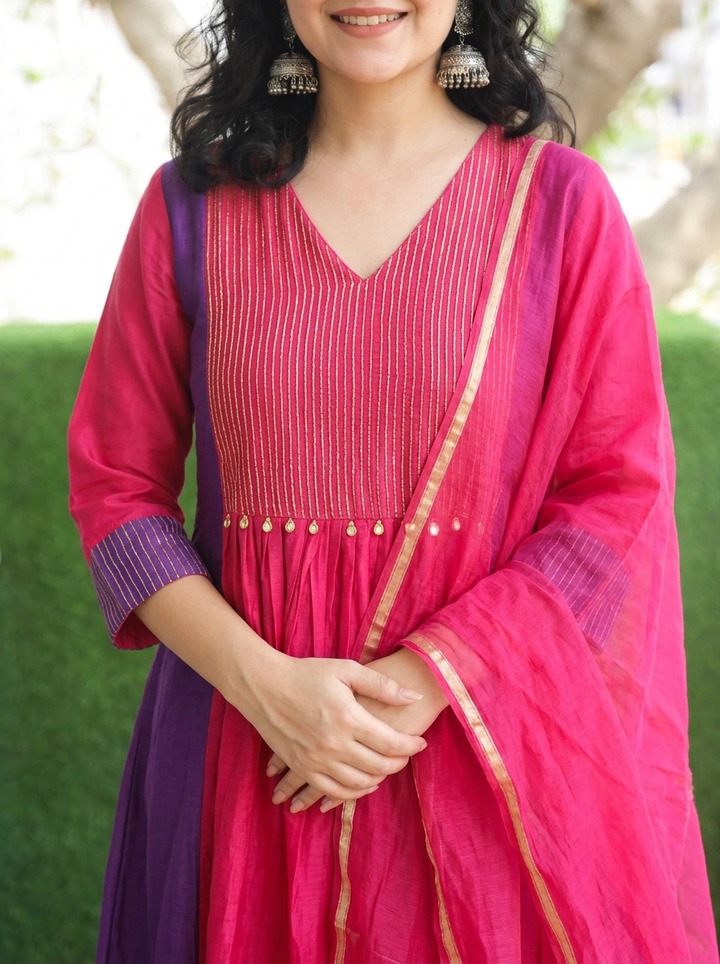 Avni Magenta Pink Zari Woven Mul Chanderi 3 Piece Set