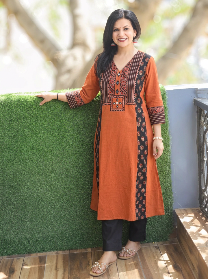 Drishti Burnt Rust Triple Panel Ajrak Yoke with Mirror Cotton Kurti