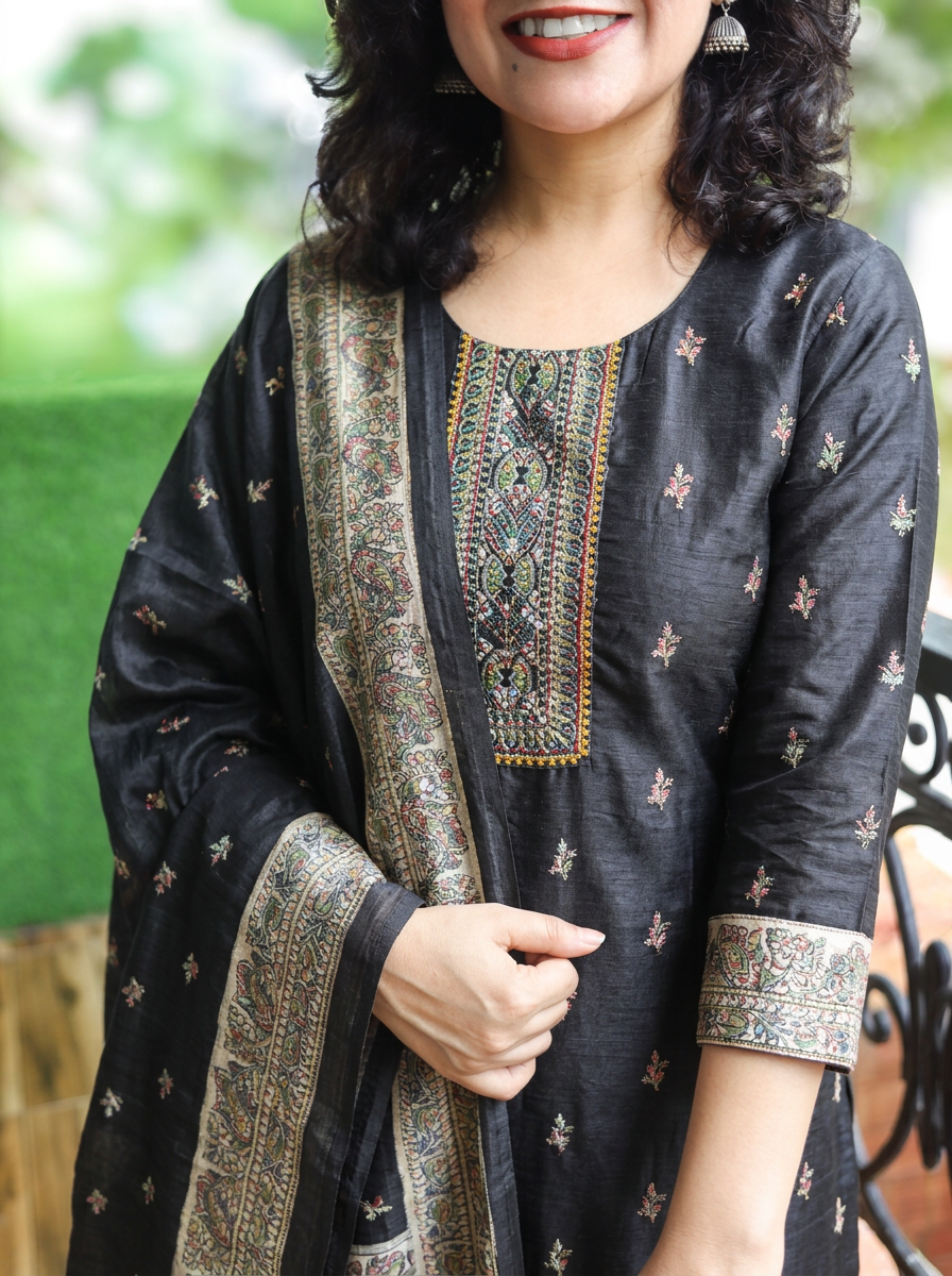 Mahnoor Oil Black Madhubani Tussar Chanderi Silk 3 Piece Set