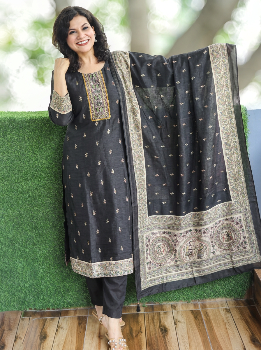 Mahnoor Oil Black Madhubani Tussar Chanderi Silk 3 Piece Set