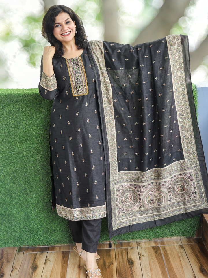 Mahnoor Oil Black Madhubani Tussar Chanderi Silk 3 Piece Set
