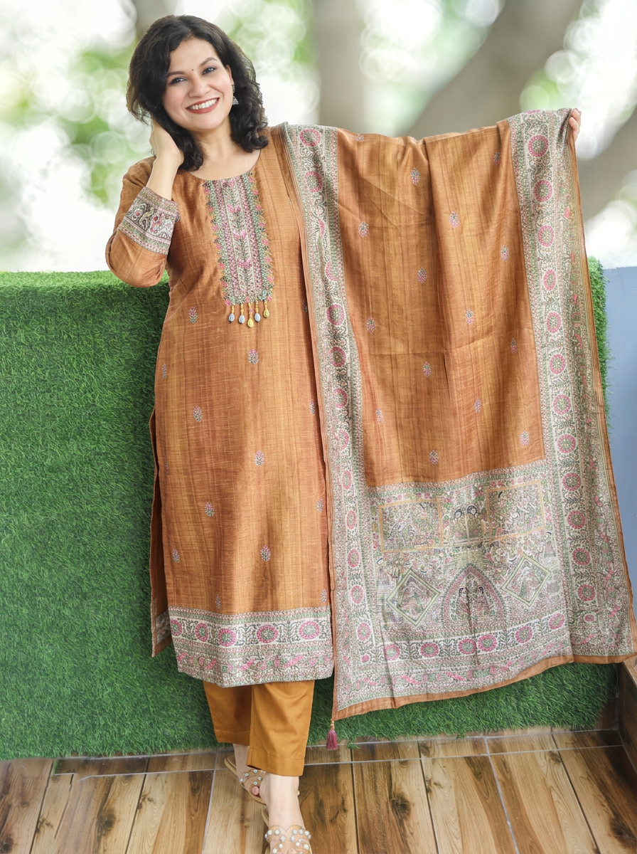 Mahnoor Mustard Yellow Madhubani Tussar Chanderi Silk 3 Piece Set