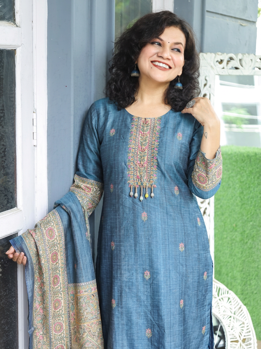 Mahnoor Stone Grey Madhubani Tussar Chanderi Silk 3 Piece Set