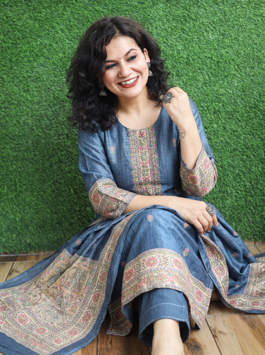 Mahnoor Stone Grey Madhubani Tussar Chanderi Silk 3 Piece Set