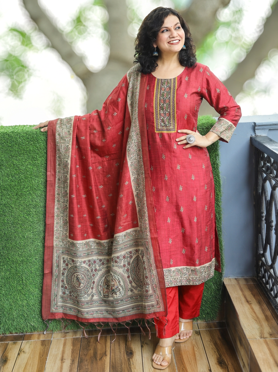 Mahnoor Cherry Red Madhubani Tussar Chanderi Silk 3 Piece Set