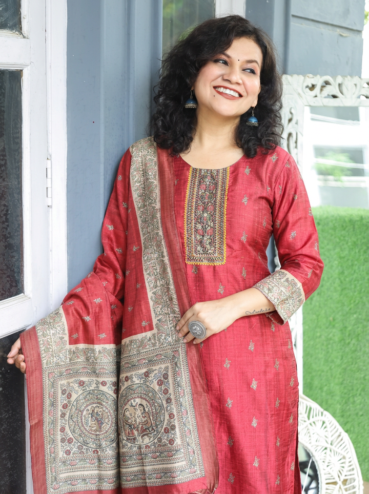 Mahnoor Cherry Red Madhubani Tussar Chanderi Silk 3 Piece Set