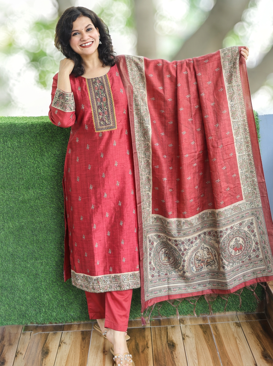 Mahnoor Cherry Red Madhubani Tussar Chanderi Silk 3 Piece Set