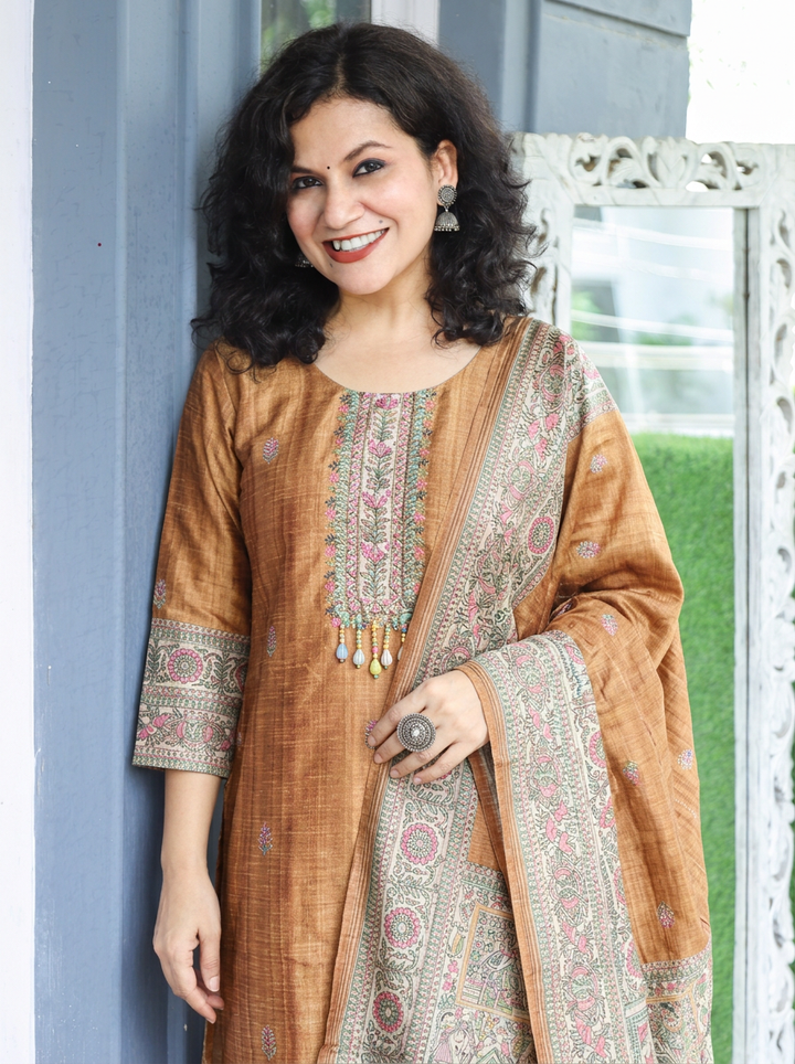 Mahnoor Mustard Yellow Madhubani Tussar Chanderi Silk 3 Piece Set