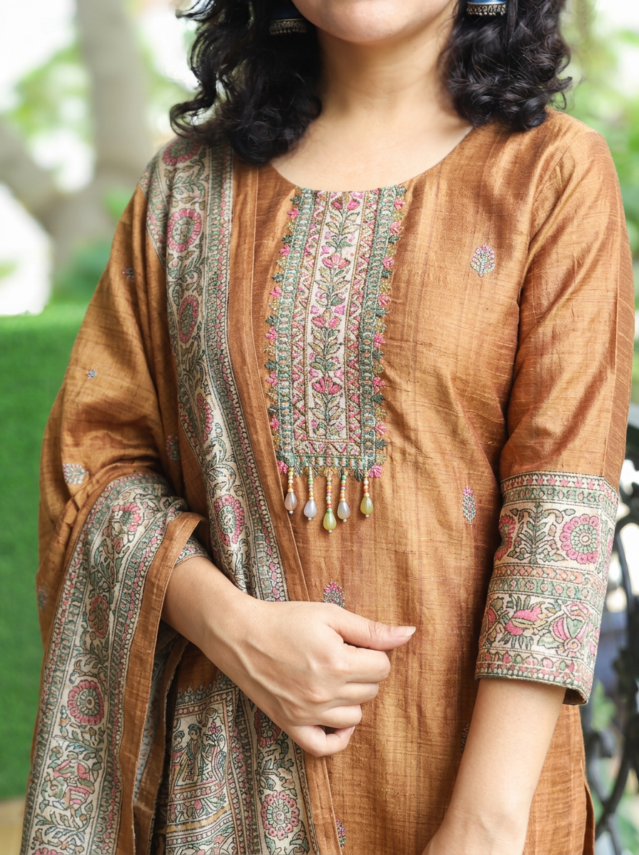 Mahnoor Mustard Yellow Madhubani Tussar Chanderi Silk 3 Piece Set