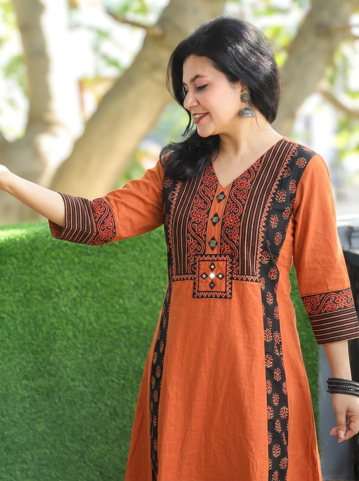 Drishti Burnt Rust Triple Panel Ajrak Yoke with Mirror Cotton Kurti