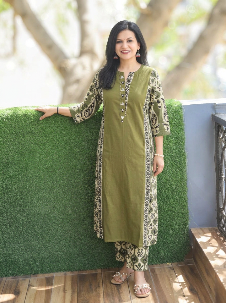 Devika Green Mirror Work Kalamkari Panel Cotton 2 Piece Set
