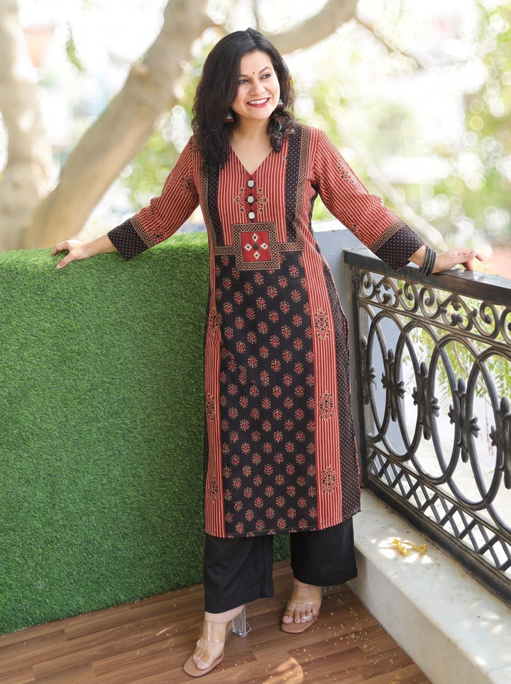 Drishti Maroon Red Ajrak Printed Triple Panel Cotton Kurti