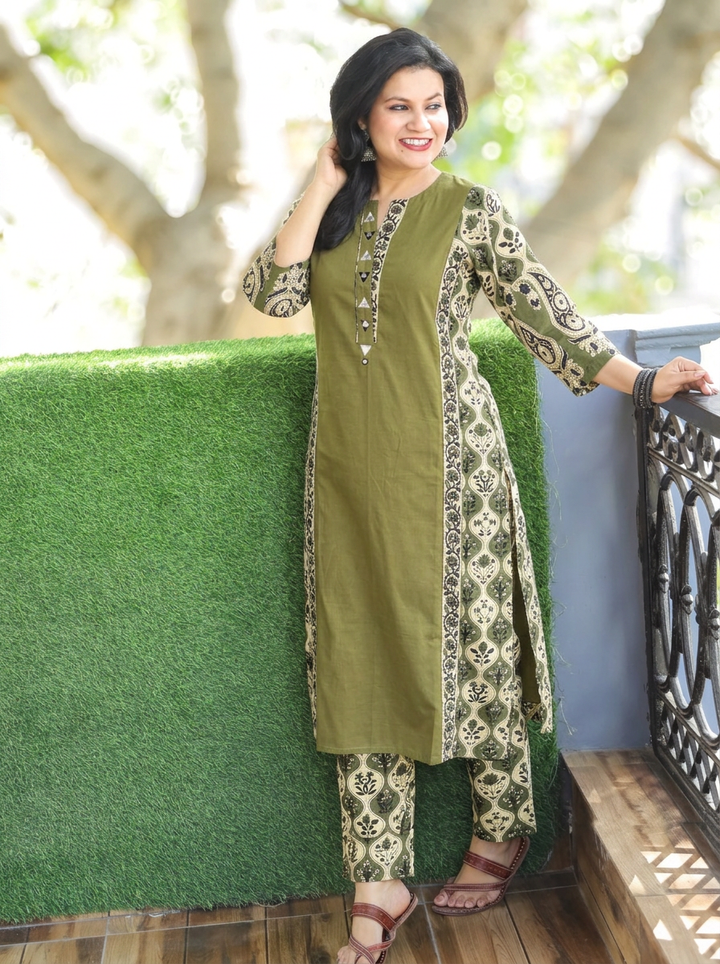 Devika Green Mirror Work Kalamkari Panel Cotton 2 Piece Set