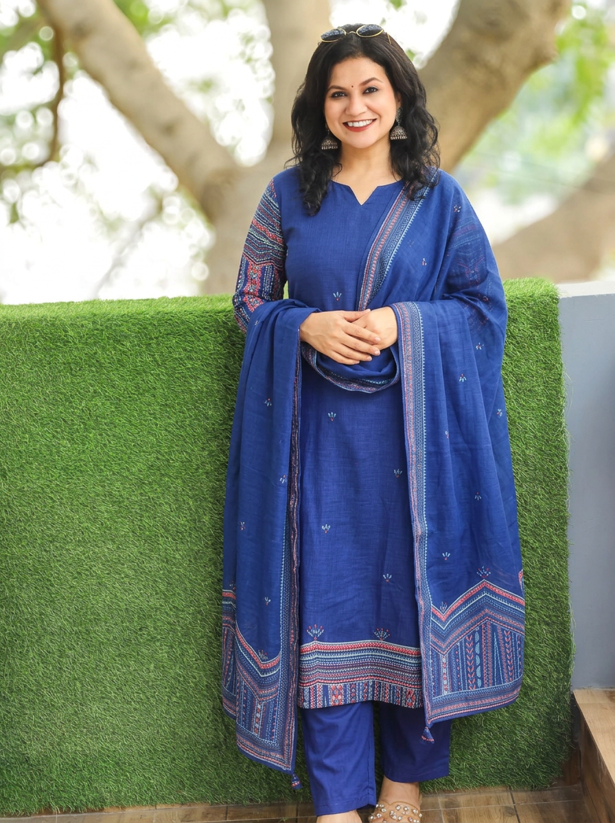 Vrinda Royal Blue Kolkata Hand Embroidered Linen 3 Piece Set