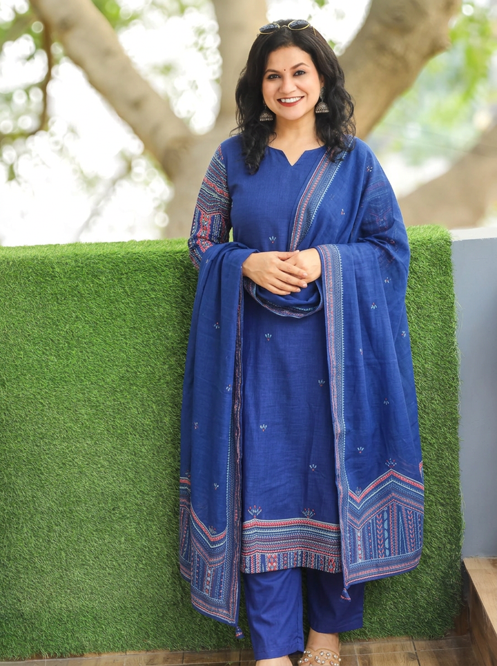 Vrinda Royal Blue Kolkata Hand Embroidered Linen 3 Piece Set