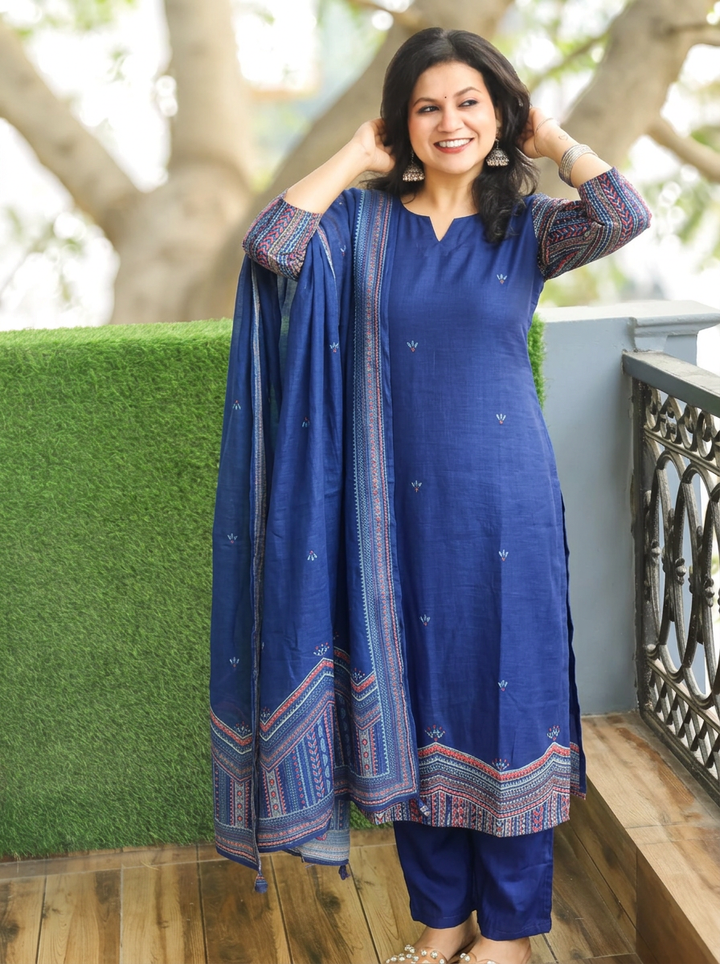 Vrinda Royal Blue Kolkata Hand Embroidered Linen 3 Piece Set