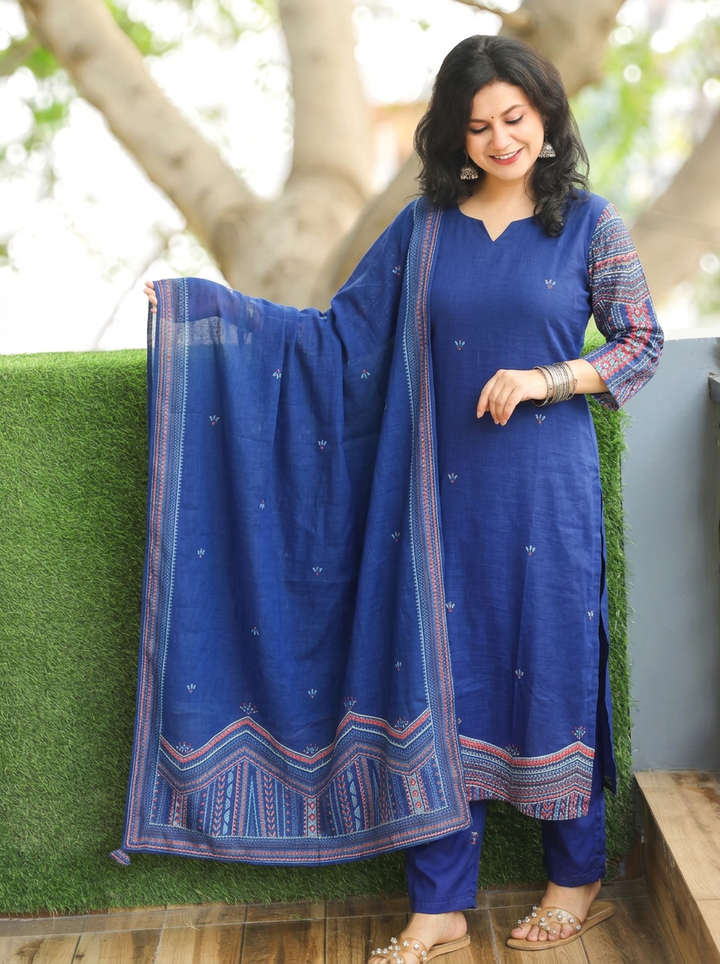 Vrinda Royal Blue Kolkata Hand Embroidered Linen 3 Piece Set