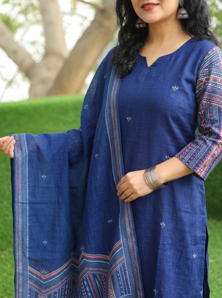 Vrinda Royal Blue Kolkata Hand Embroidered Linen 3 Piece Set