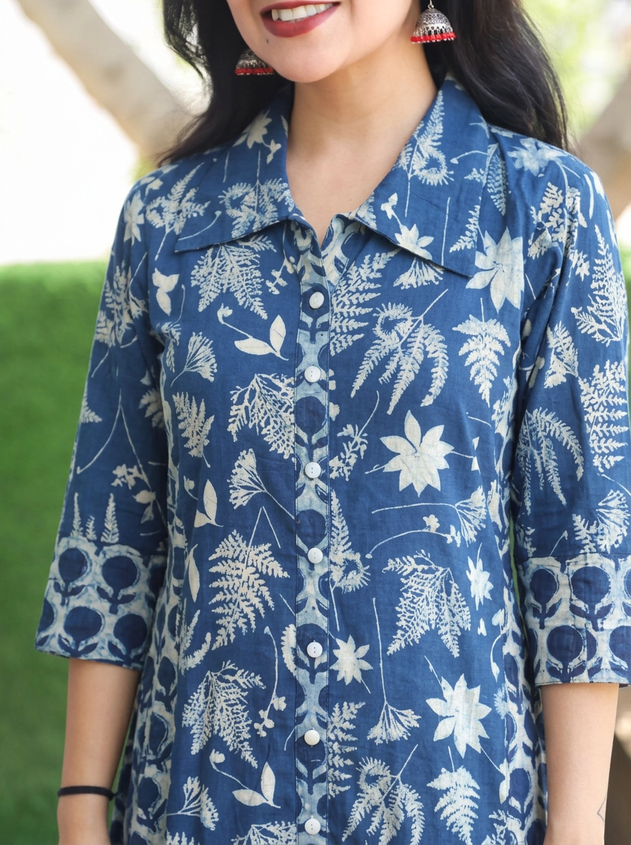 Kriya Prussian Blue Tropical Dabu Printed Button Down Cotton Kurti