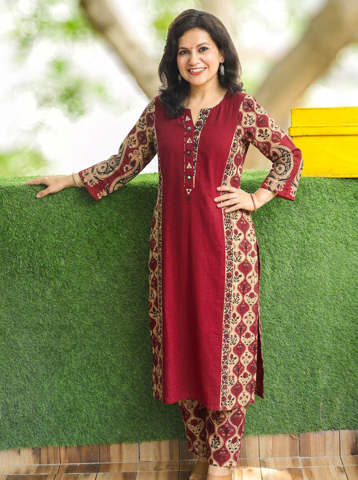 Devika Red Mirror Work Kalamkari Panel Cotton 2 Piece Set