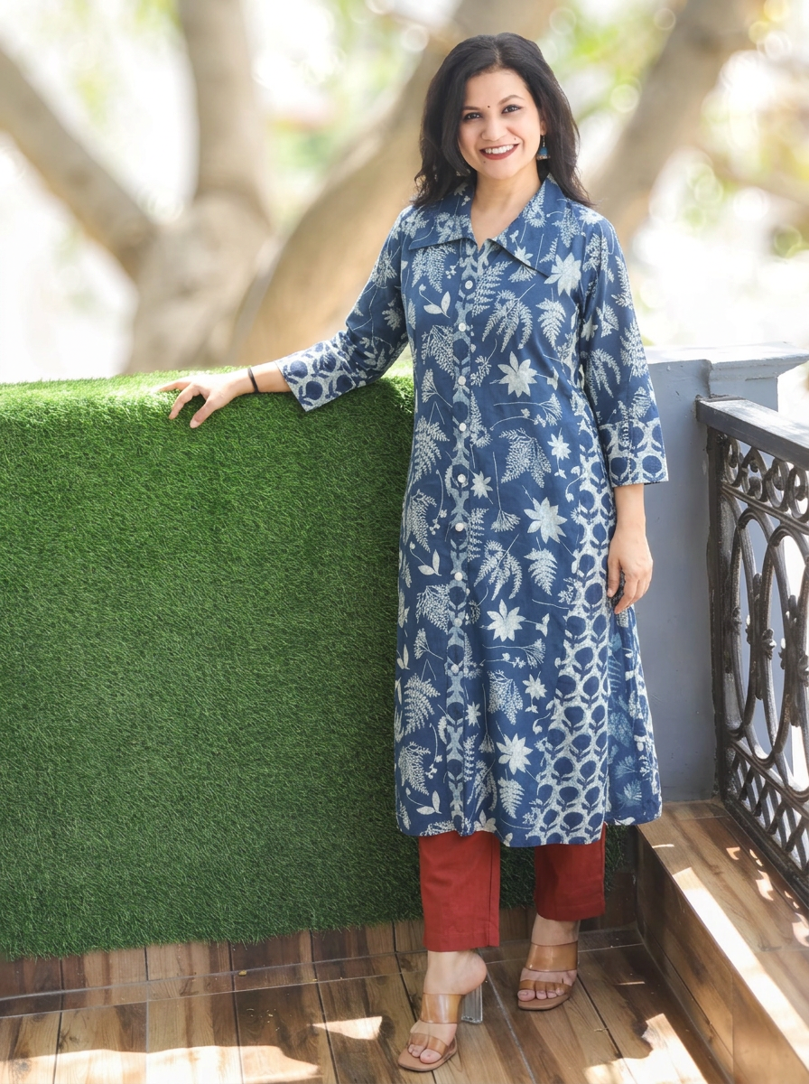 Kriya Prussian Blue Tropical Dabu Printed Button Down Cotton Kurti