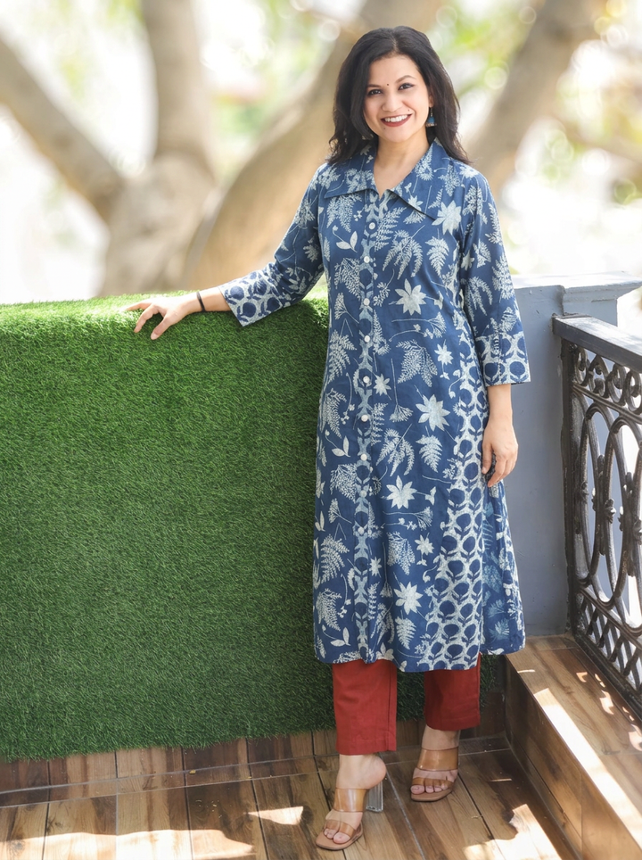Kriya Prussian Blue Tropical Dabu Printed Button Down Cotton Kurti