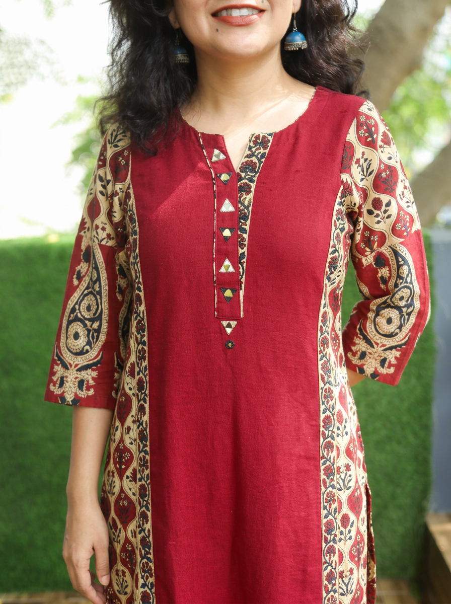 Devika Red Mirror Work Kalamkari Panel Cotton 2 Piece Set