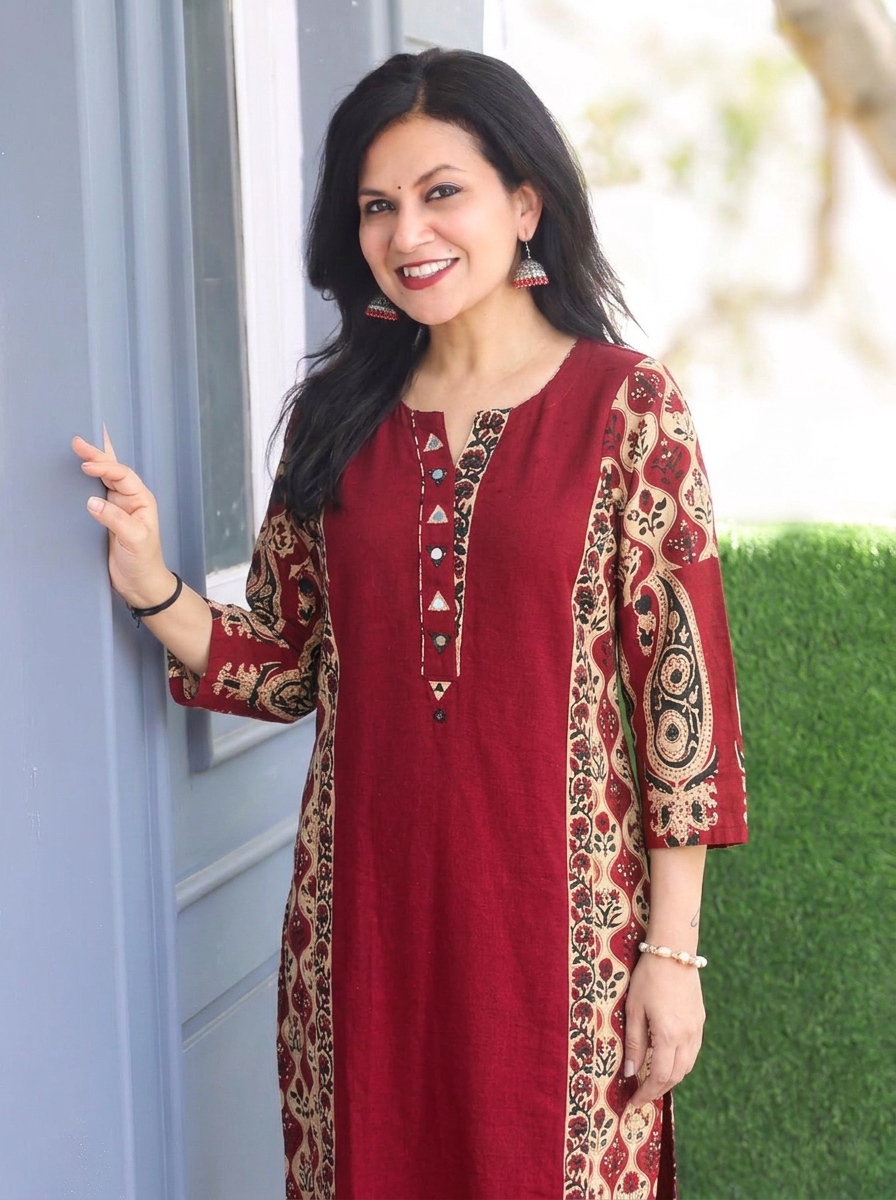 Devika Red Mirror Work Kalamkari Panel Cotton 2 Piece Set