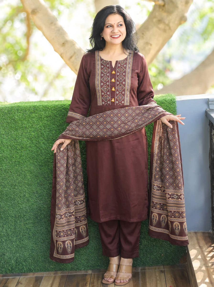 Vrinya Choco Brown Mirror Patola Print Yoke Gajji Silk Set