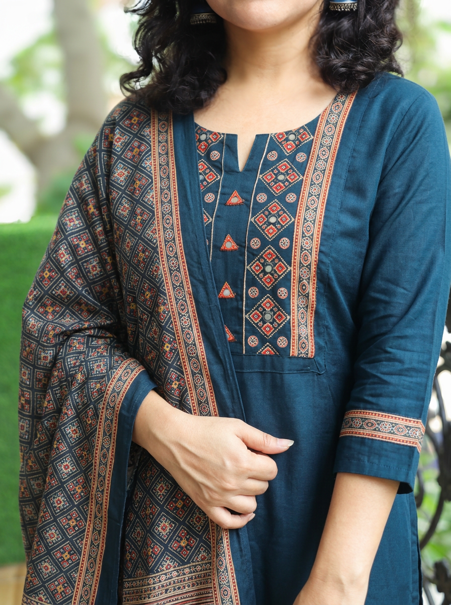 Vrinya Navy Blue Mirror Patola Print Yoke Gajji Silk Set