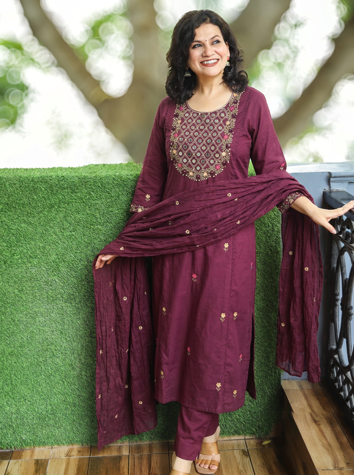 Kaveri Mahogany Wine Mirror Work Yoke Cotton 3 Piece Set