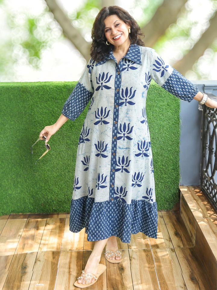 Asya Ice Blue with Blue Lotus Dabu Button Down Cotton Dress