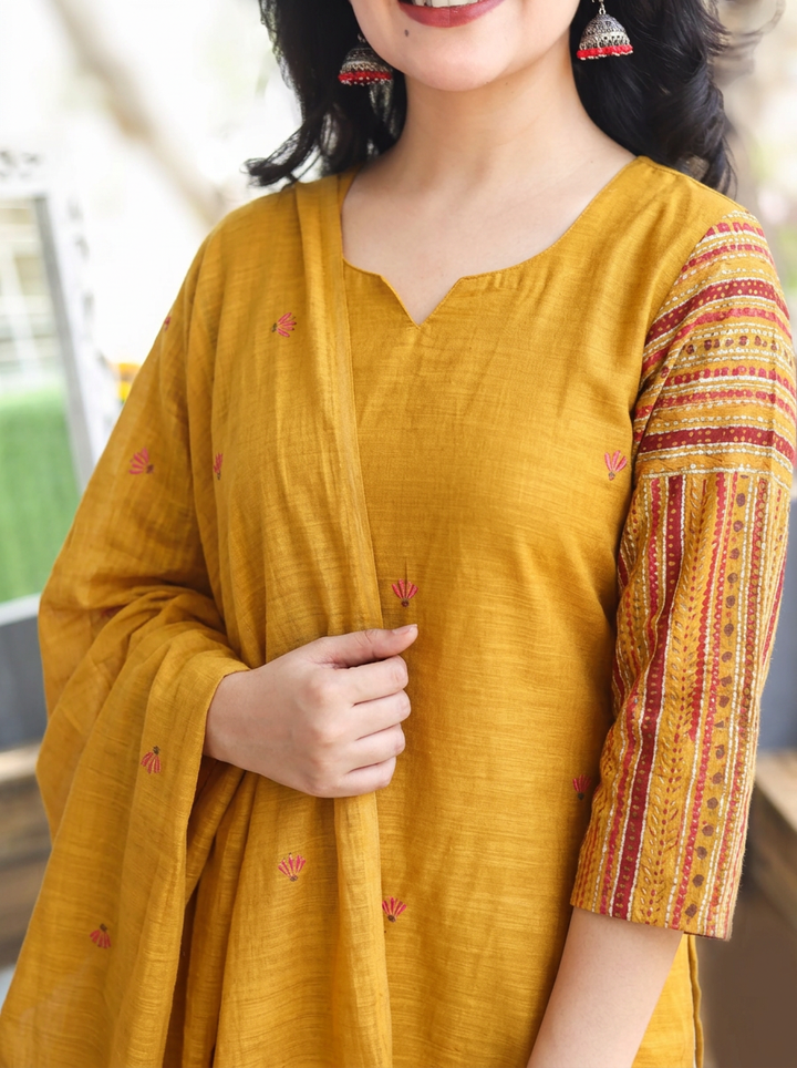Vrinda Mustard Yellow Kolkata Hand Embroidered Linen 3 Piece Set