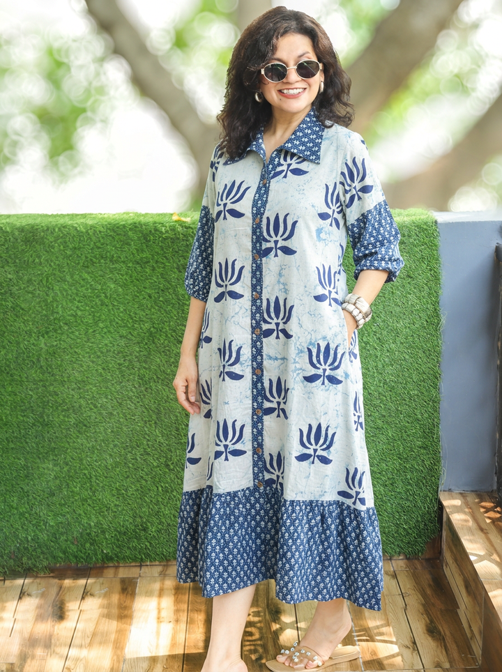 Asya Ice Blue with Blue Lotus Dabu Button Down Cotton Dress