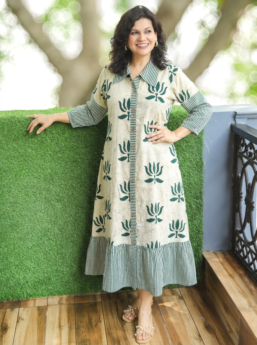 Asya Off-White with Green Lotus Dabu Button Down Cotton Dress