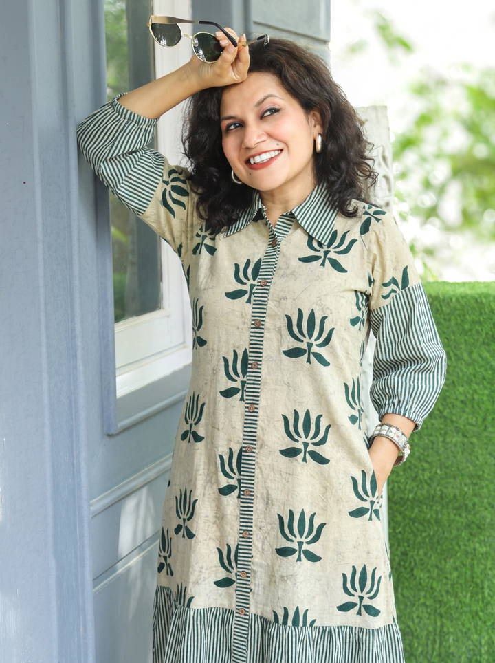 Asya Off-White with Green Lotus Dabu Button Down Cotton Dress