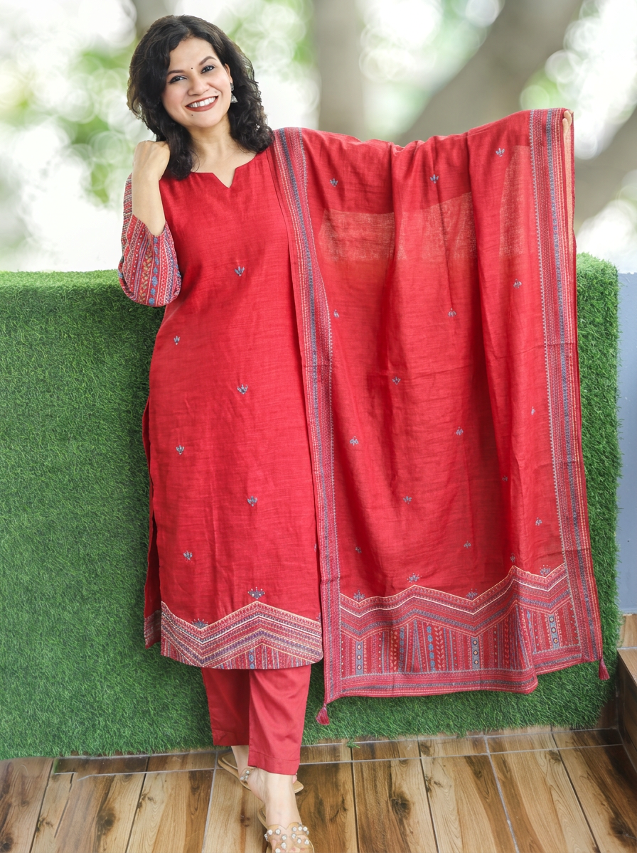 Vrinda Crimson Red Kolkata Hand Embroidered Linen 3 Piece Set