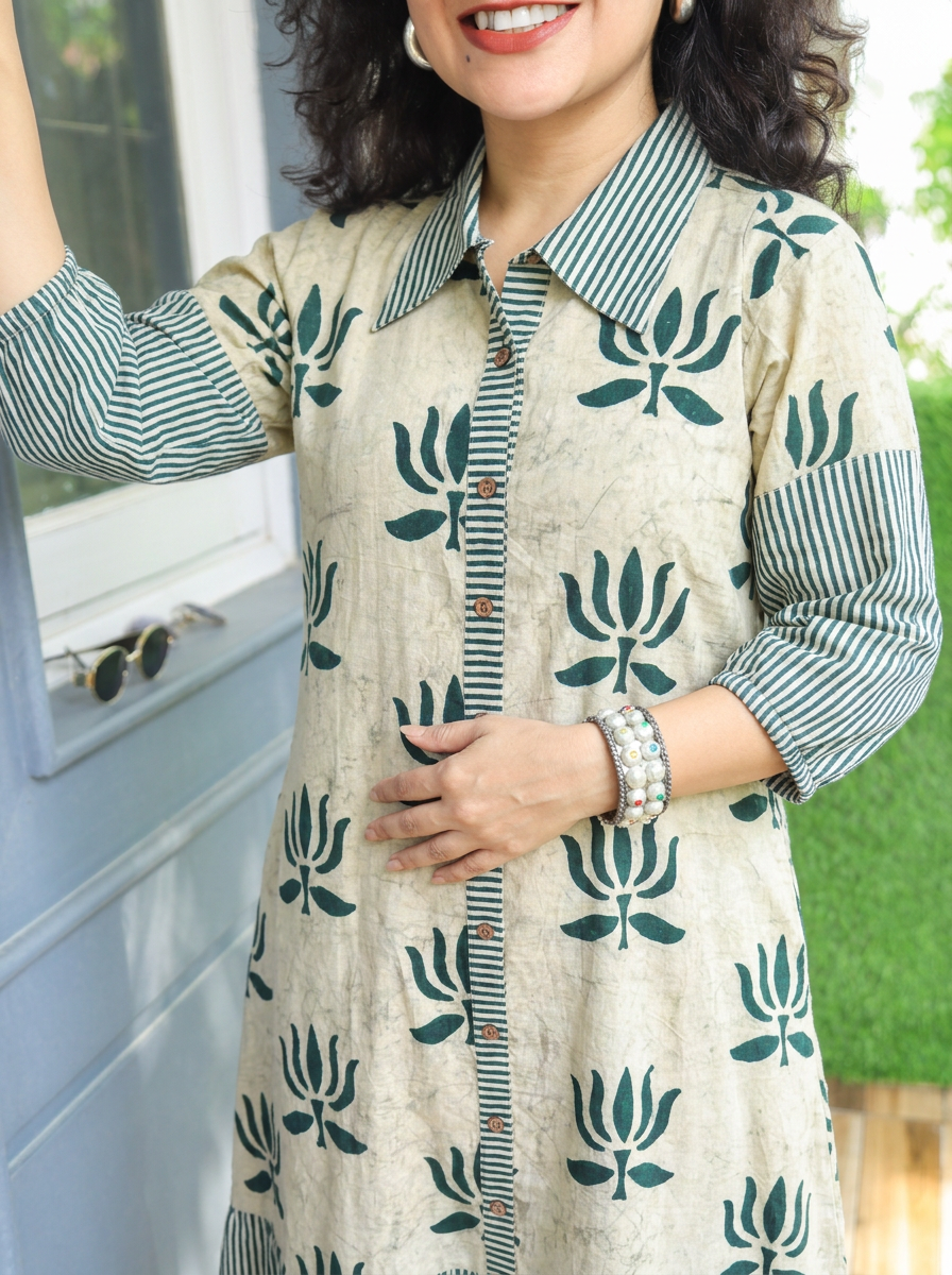 Asya Off-White with Green Lotus Dabu Button Down Cotton Dress