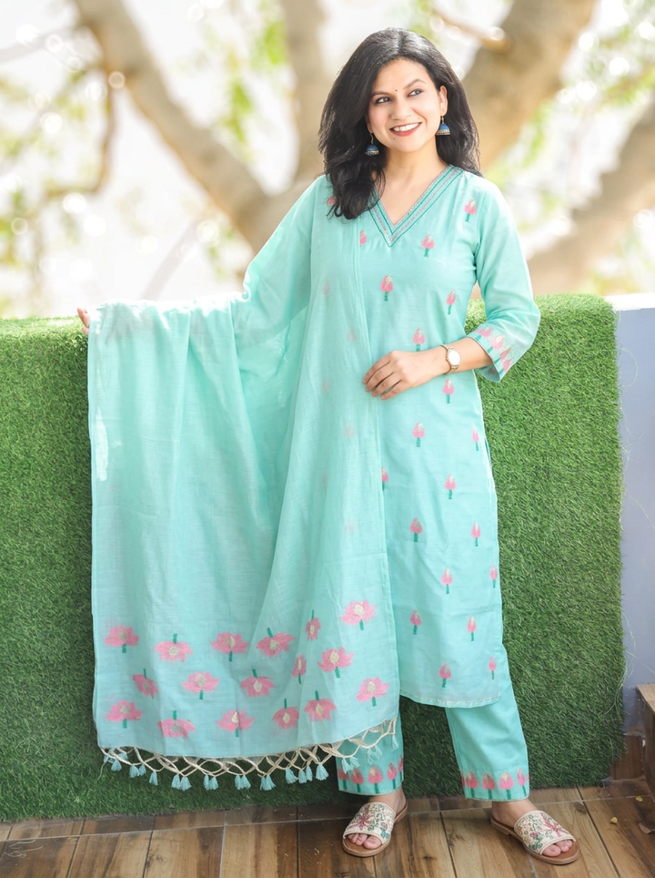 Roohi Aqua Floral Jamdani Weaved 3 PIece Set