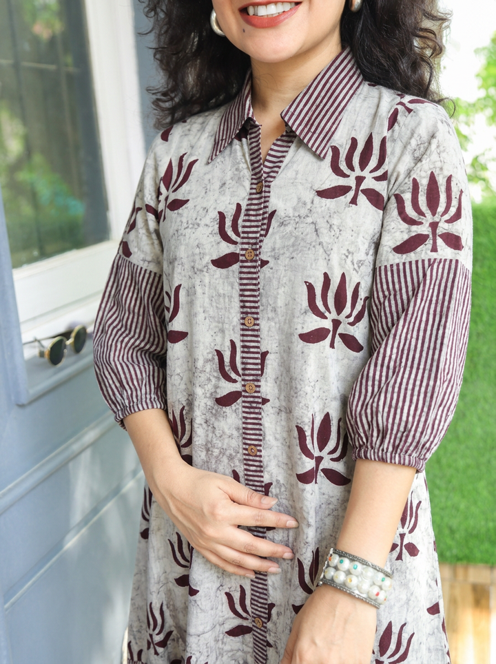 Asya Faded Grey with Maroon Lotus Dabu Button Down Cotton Dress
