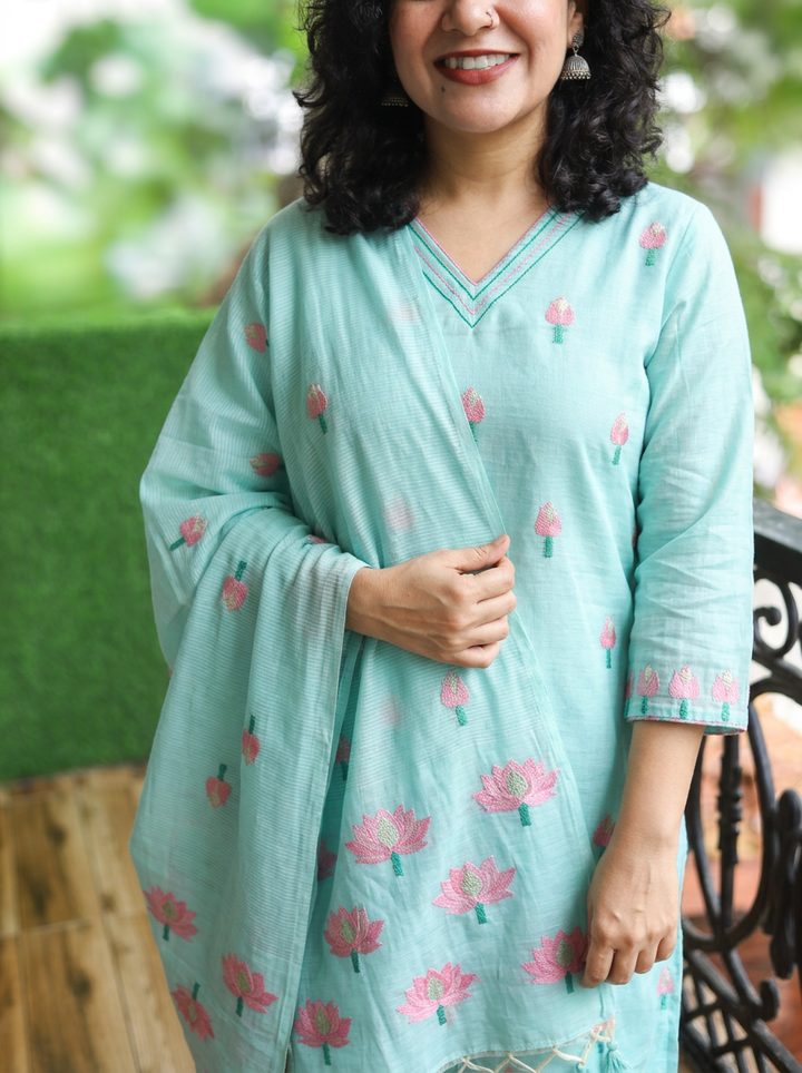 Roohi Aqua Floral Jamdani Weaved 3 PIece Set