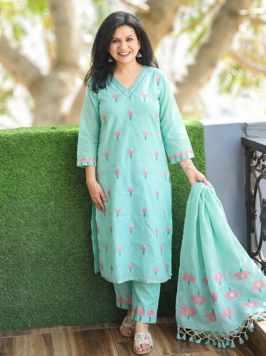 Roohi Aqua Floral Jamdani Weaved 3 PIece Set