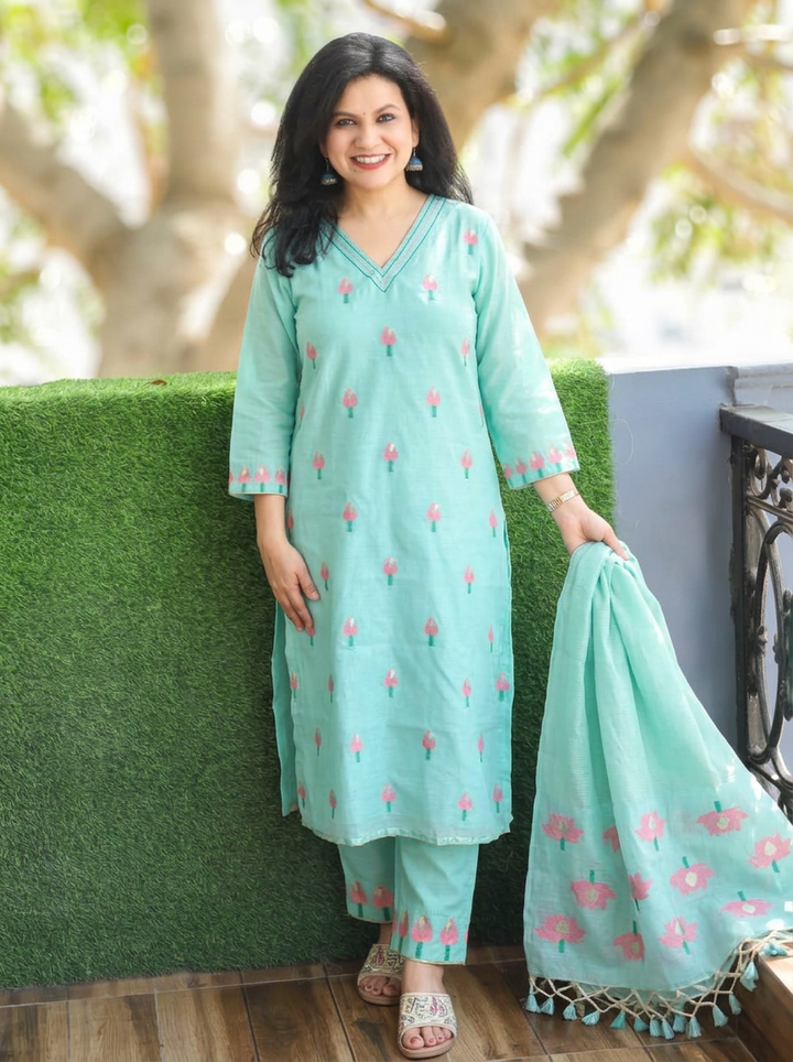 Roohi Aqua Floral Jamdani Weaved 3 PIece Set