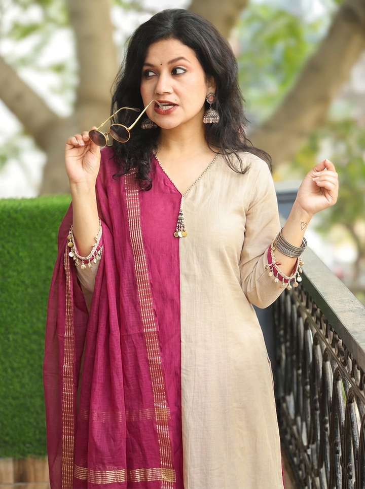 Parineeti Beige with Wine Panel Style Mul Chanderi 3 Piece Set