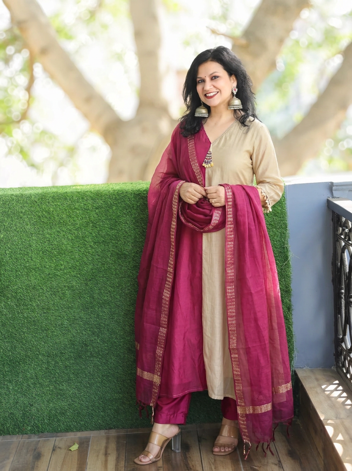 Parineeti Beige with Wine Panel Style Mul Chanderi 3 Piece Set